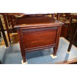 A late 19th century mahogany box seat commode with liner, on square shaped supports, 17 1/2" wide,