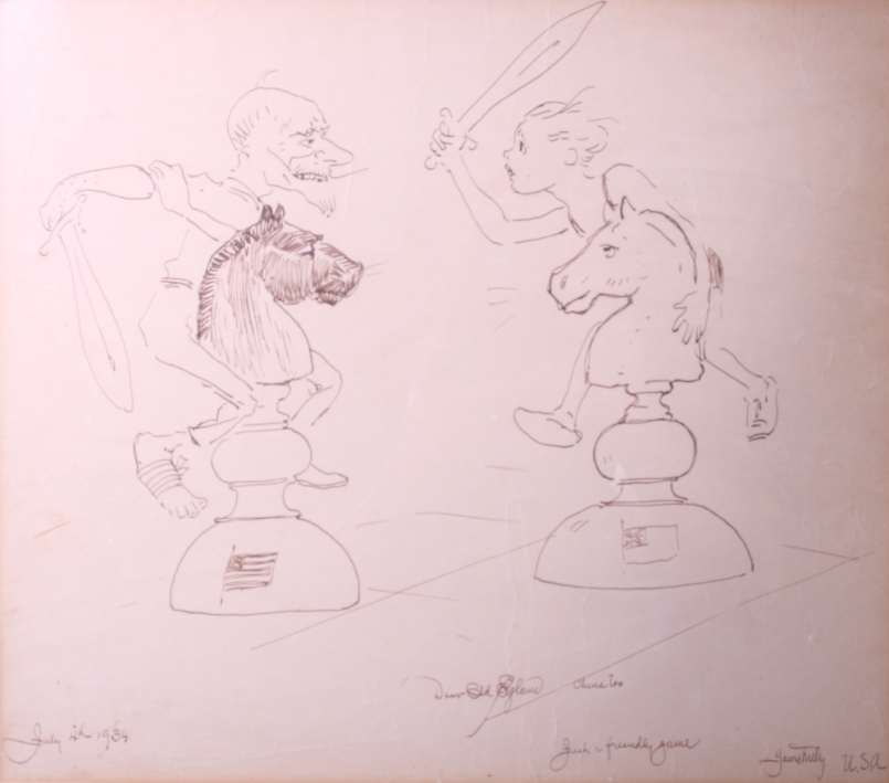 Ashbrooke July 4, 1934: a pen and ink cartoon, "Just a Friendly Game", 11 1/2" x 13", in mahogany