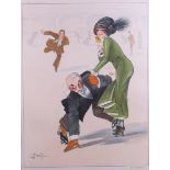 Droit?: a pair of prints, "Sauves and En Detresse", roller skaters, in marbled frames