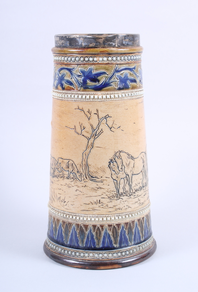 A Doulton Lambeth jug with silver rim, decorated with horses and cattle, by Hannah Barlow, 9 1/2" - Image 2 of 6