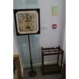 A Victorian oak adjustable screen, with sampler panel dated 1838, and an oak stick stand
