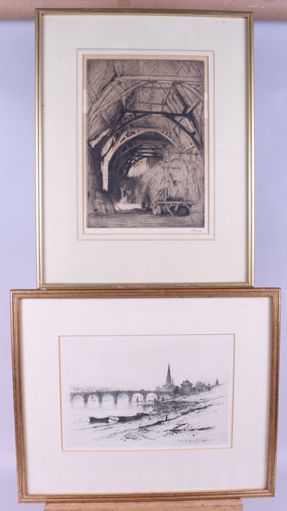 D Y Cameron: an etching of the Perth Bridge, 7 1/4" x 10 1/2", and another print, interior of barn,