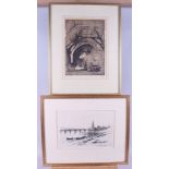 D Y Cameron: an etching of the Perth Bridge, 7 1/4" x 10 1/2", and another print, interior of barn,