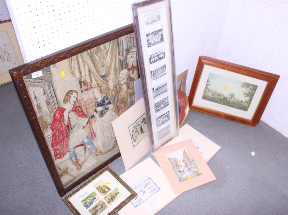 A Berlin woolwork embroidery, a pair of cricket prints, various loose prints, etc