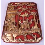 A Chinese red lacquered and gilt carved wood bed panel, decorated figures and buildings, 17" x 13"