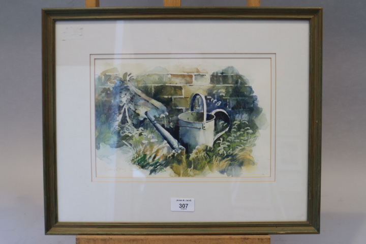 John Lidzey: watercolours, watering can, 8" x 11", and another similar, outhouse, 11" x 7 1/2", in