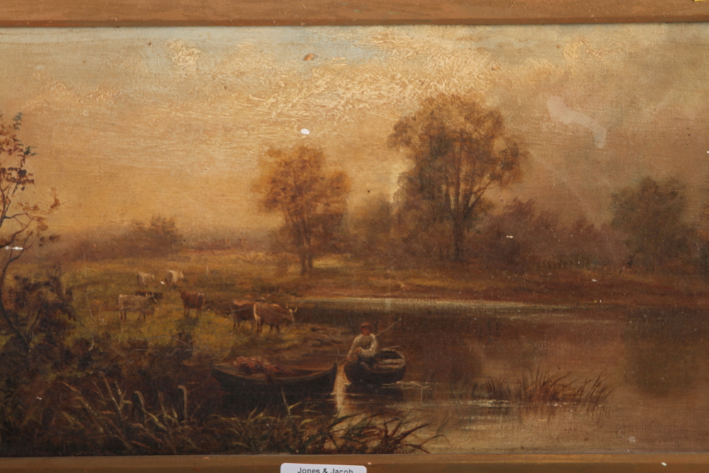 An oil on canvas, waterway scene with cattle and figure in boat, 7 1/2" x 15 1/2", in gilt frame,