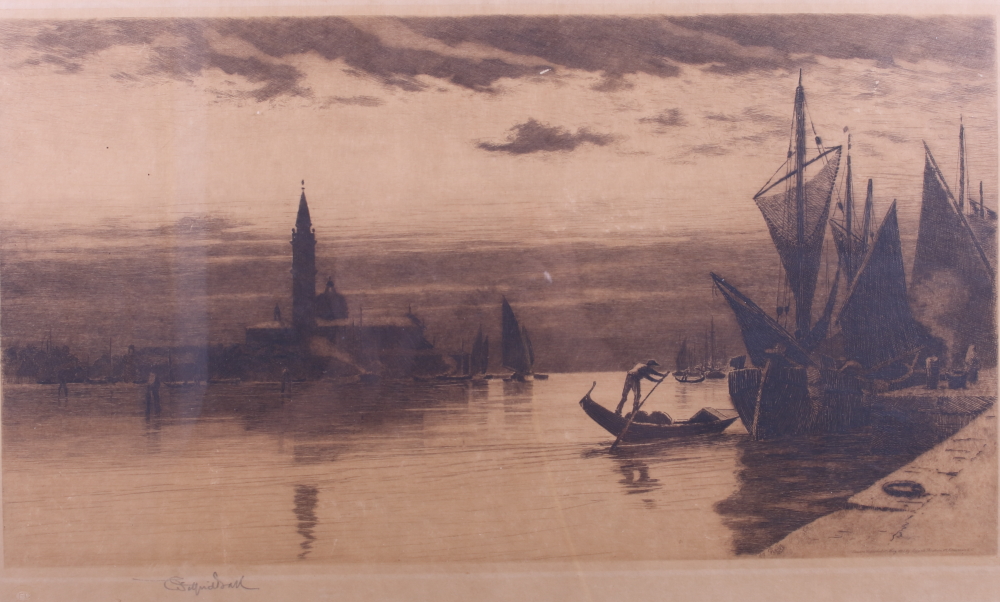 Wilfred Williams Ball: etching, Venetian scene, in gilt frame