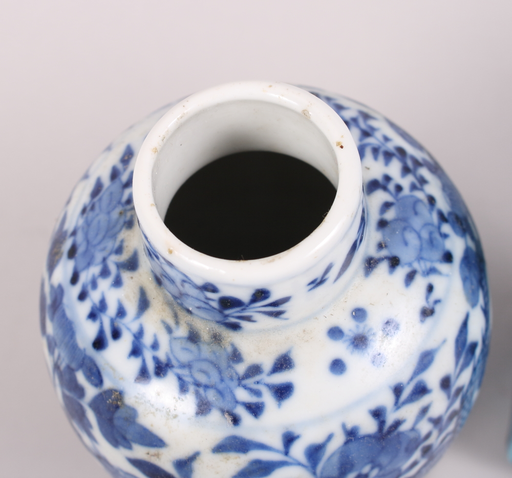 A Chinese blue and white baluster vase, 6 1/2" high (drilled base), two smaller blue and white vases - Image 7 of 12