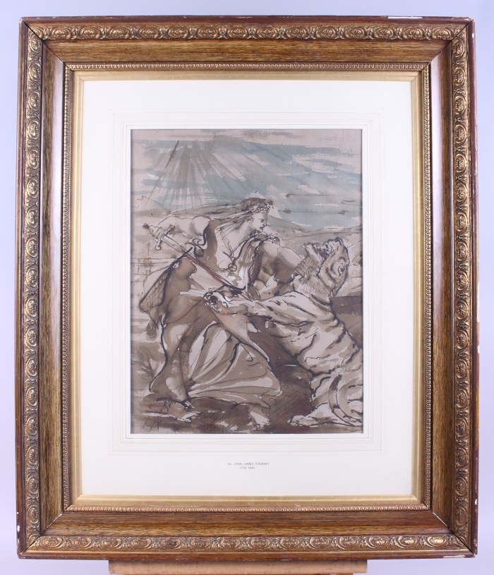 Sir John James Stewart: watercolours, hunter and tiger, 14" x 11", in gilt and wood effect frame - Image 3 of 5