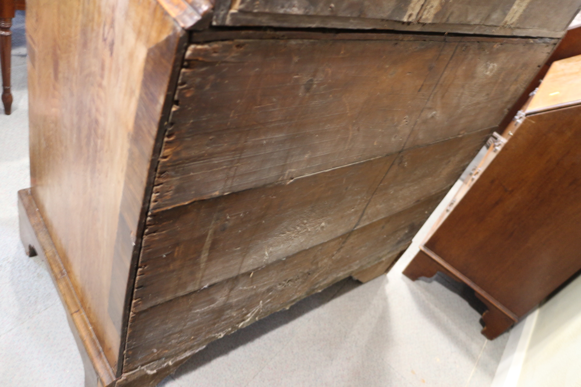 An early 18th century figured walnut double dome top bureau bookcase, the upper section with drawers - Image 10 of 12