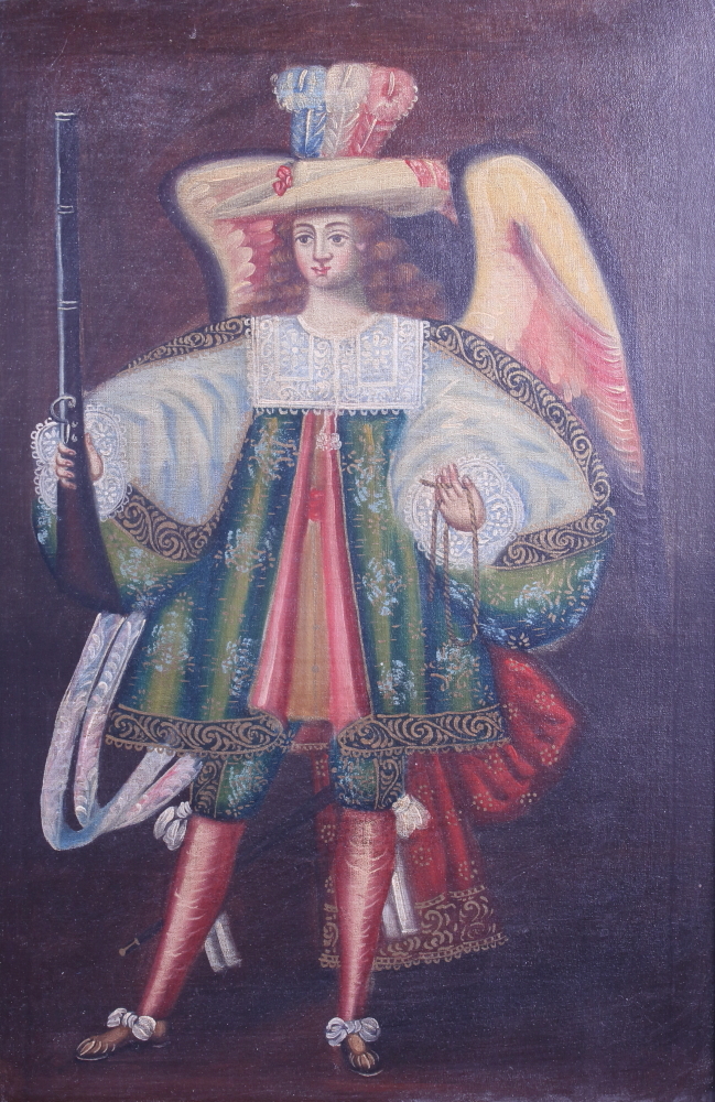 An oil on canvas faced board, a Cuzco Archangel with arquebus, 17 1/4" x 11 1/2", in gilt frame