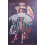 An oil on canvas faced board, a Cuzco Archangel with arquebus, 17 1/4" x 11 1/2", in gilt frame