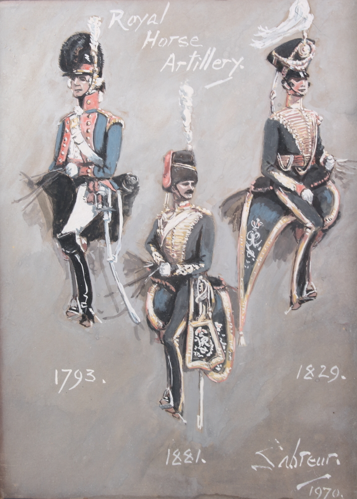 Sabreur, 1970: a pair of gouache on coloured paper, "Royal Horse Artillery", uniforms 1793 to - Image 2 of 3