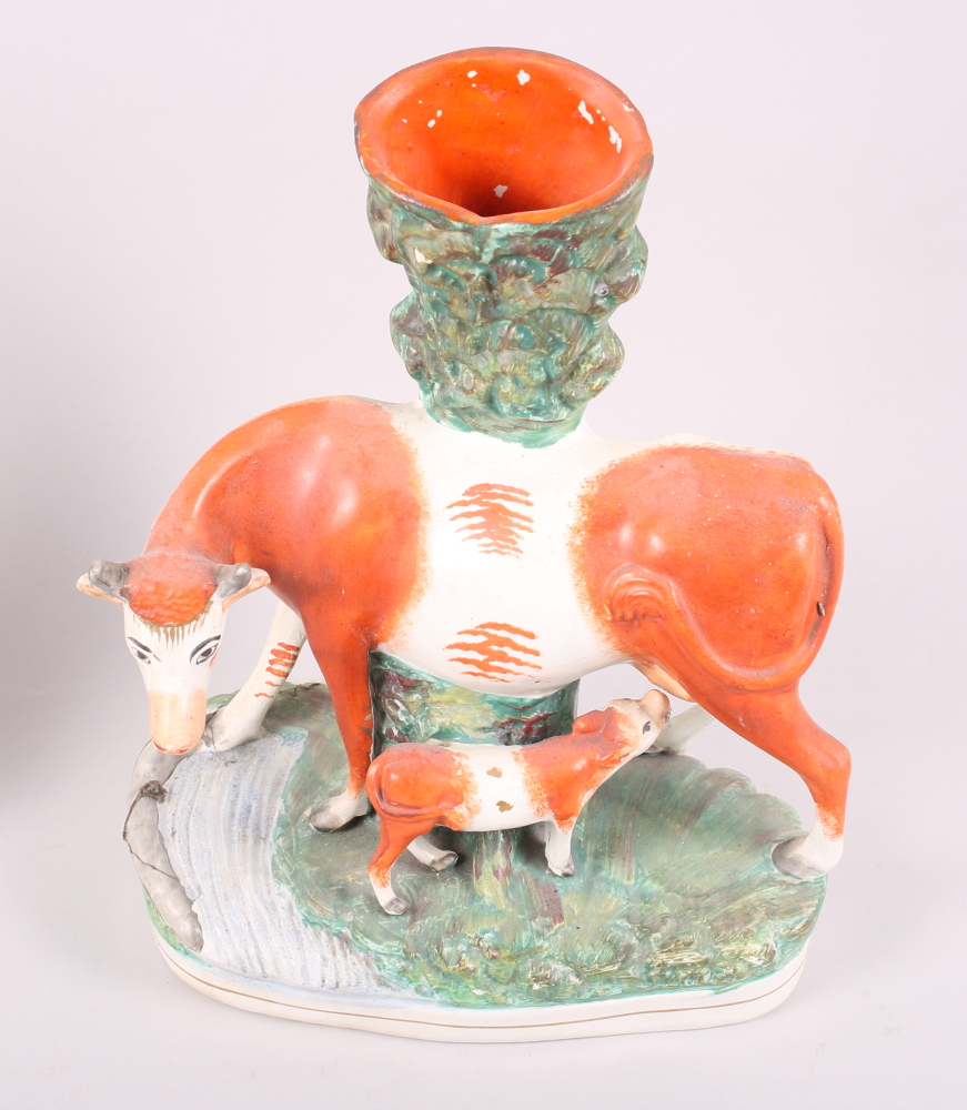 A pair of 19th century Staffordshire figures with cattle, 8 1/2" high, a cow and calf spill vase, 11 - Image 5 of 12