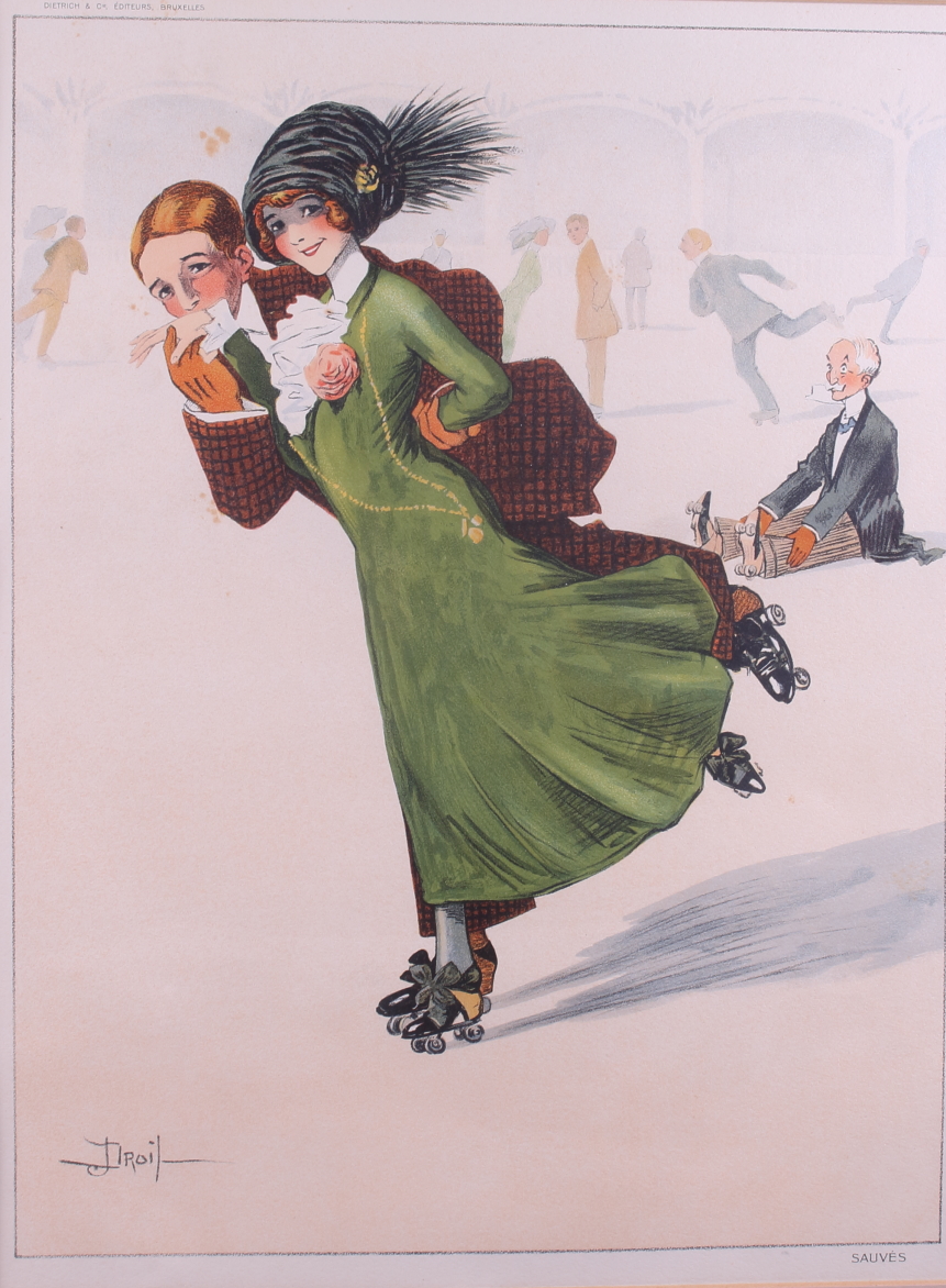 Droit?: a pair of prints, "Sauves and En Detresse", roller skaters, in marbled frames - Image 3 of 4