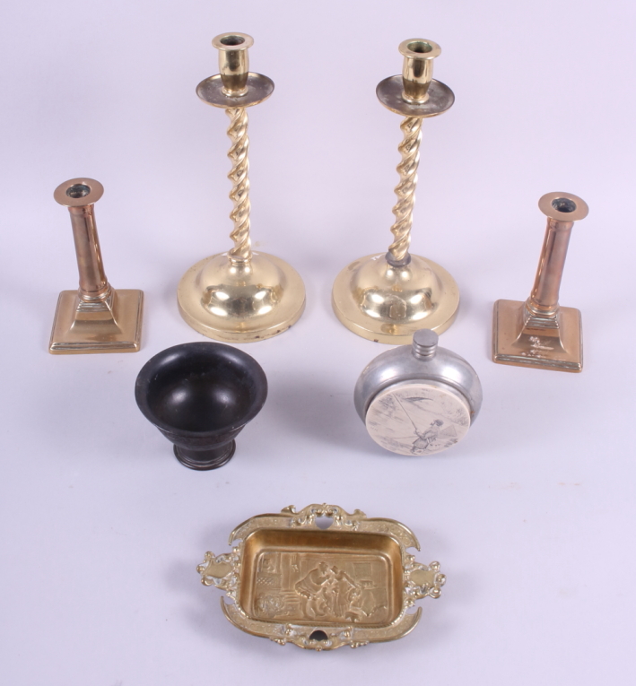 A pair of 18th century brass candlesticks, a pair of barley twist candlesticks, a brass dish, a