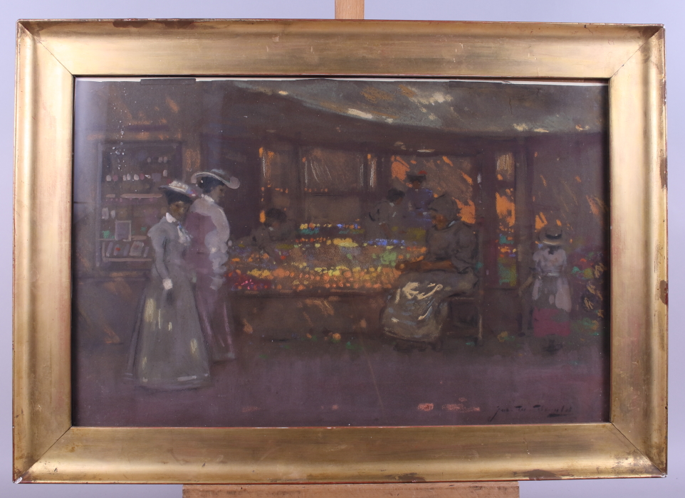 A pastel study, figure by a fruit market, 13" x 20", in gilt frame - Image 2 of 3