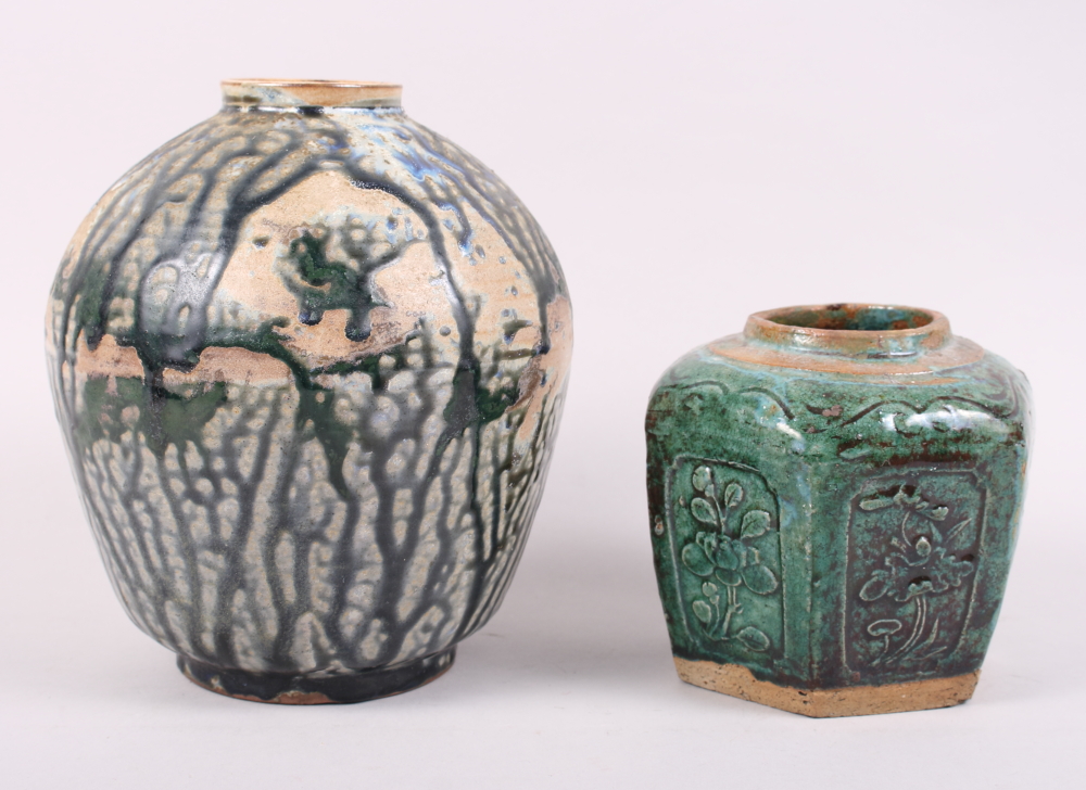 A Chinese "Ming" glazed pottery baluster vase and a similar smaller ginger jar