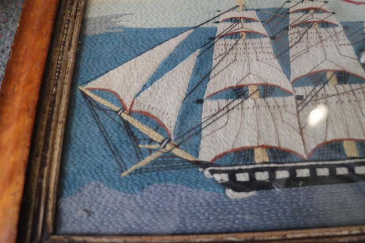 Two 19th century woolwork panels, sailing ships, 9 1/2" x 13 1/2" and 8 1/2" x 12", in walnut - Image 9 of 15