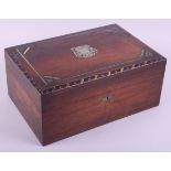 A mahogany and Tunbridge ware sewing box with string inlay and mother-of-pearl decoration, 13"