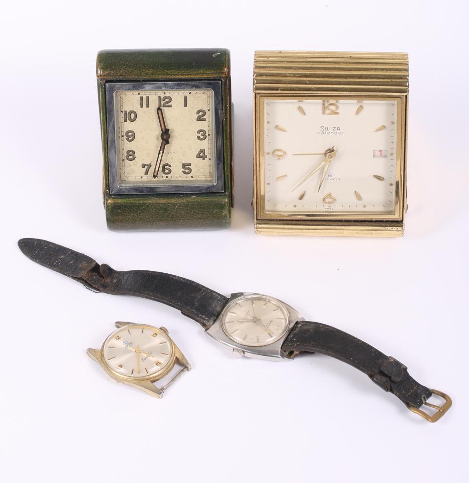 A Switza calendar eight-jewel travel clock, in gilt case, another travel clock and two gentleman's
