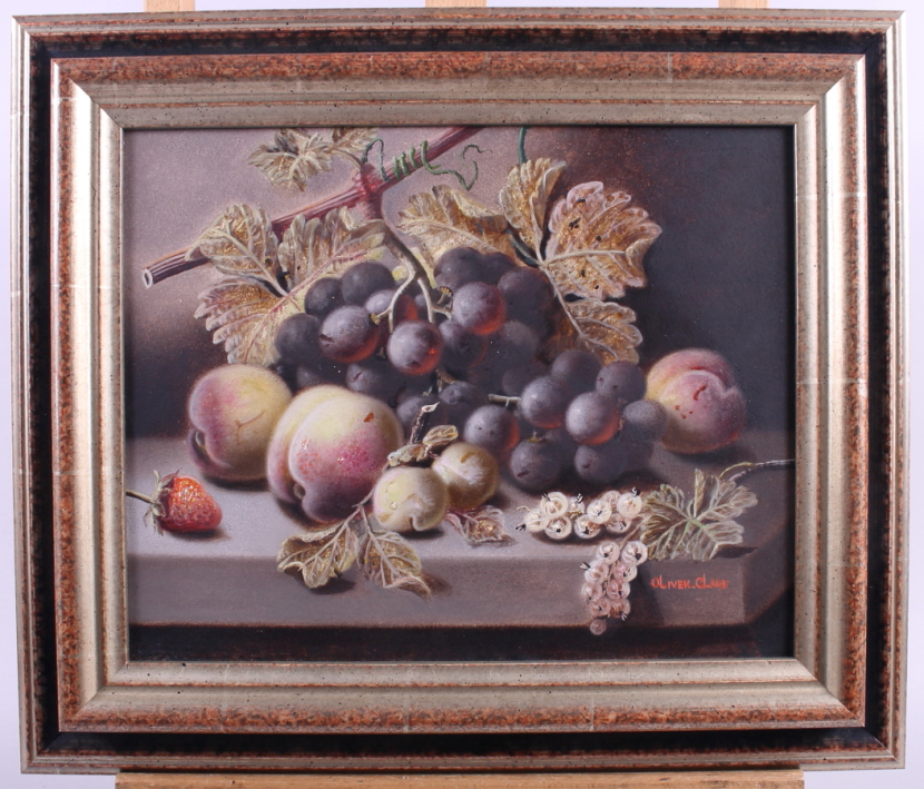 Oliver Clare: oil on board, still life of grapes, peaches and other fruit, 9" x 11 1/2", in black - Image 3 of 8