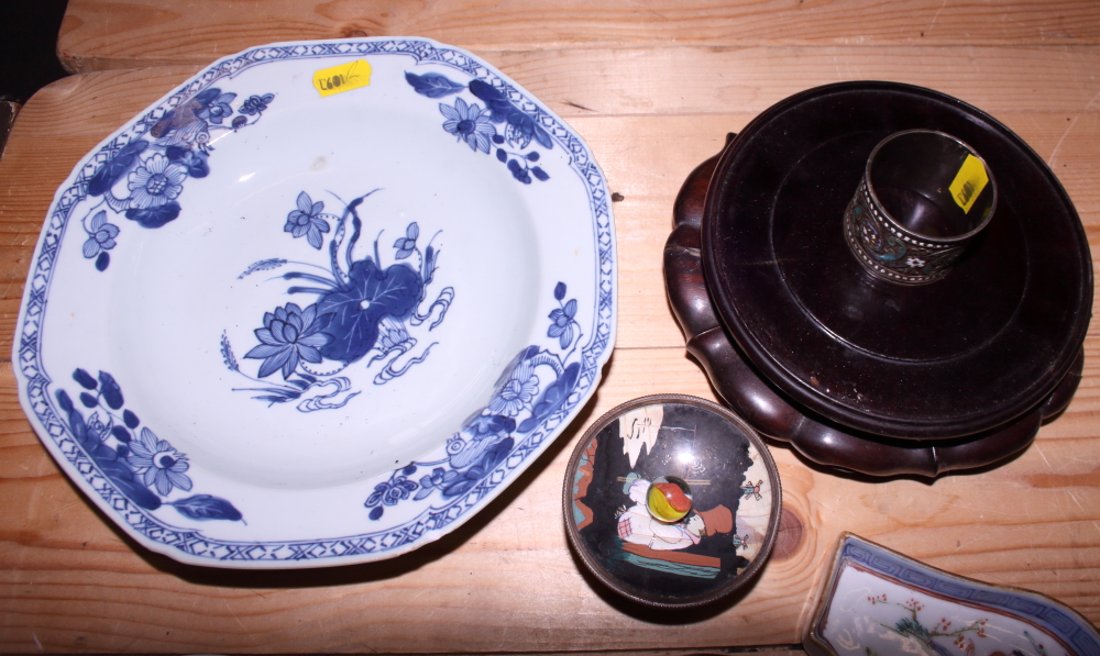 A 19th century Chinese export blue and white dish, a hardwood stand and other Oriental ceramics, - Image 2 of 10