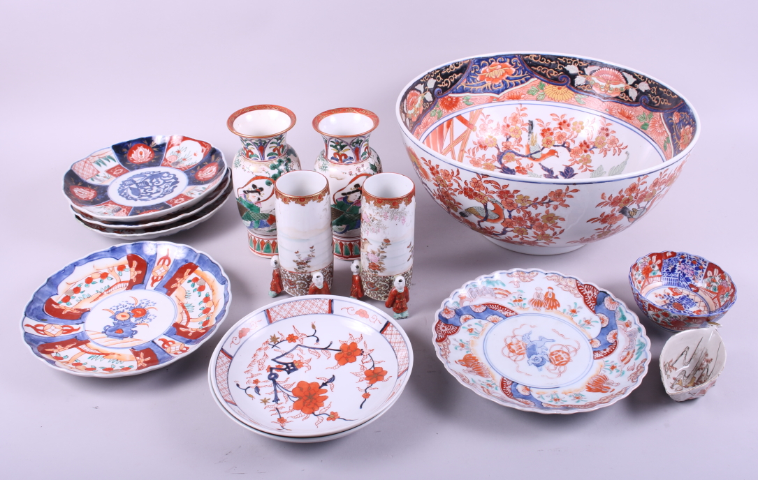 A Japanese Imari punch bowl, a pair of Japanese porcelain vases and various other Japanese ceramics