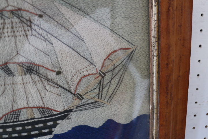 Two 19th century woolwork panels, sailing ships, 9 1/2" x 13 1/2" and 8 1/2" x 12", in walnut - Image 15 of 15