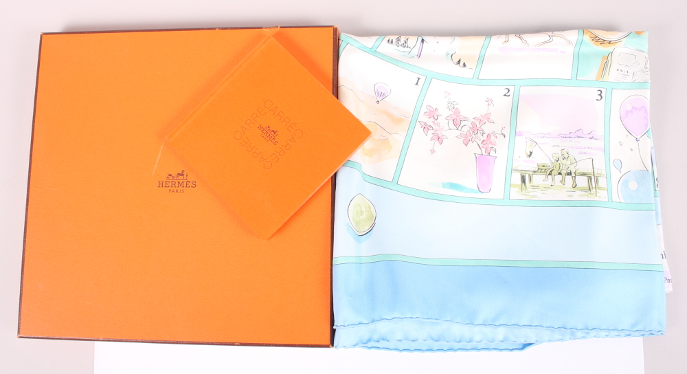 A Hermes silk "Le Jeu des Petits Bonheurs" pattern scarf, in pastel hues, complete with box and