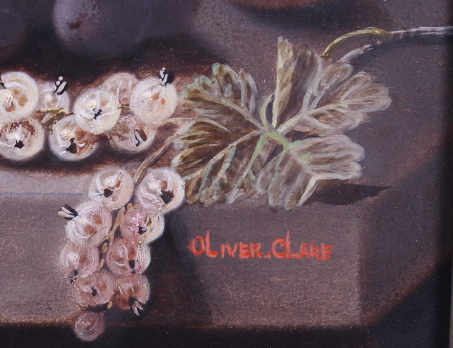 Oliver Clare: oil on board, still life of grapes, peaches and other fruit, 9" x 11 1/2", in black - Image 2 of 8