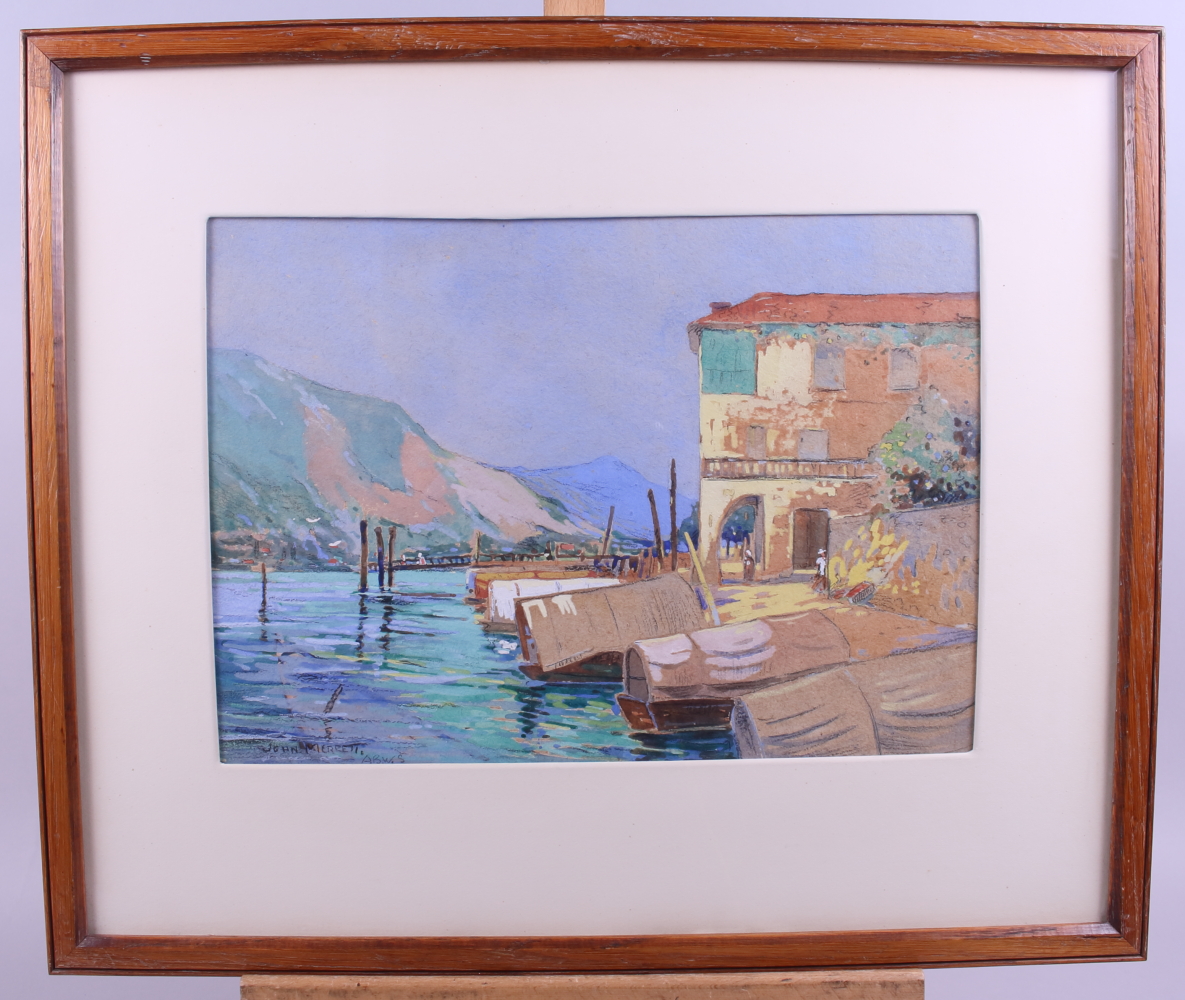 John Merrett, BWS: gouache, "Boats at the Quayside", 9 1/2" x 131/2", in strip frame - Image 2 of 3