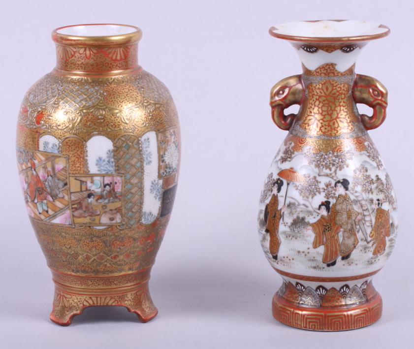 A Satsuma oviform vase with figured panels and brocade ground, 4 1/2" high, and a similar two- - Image 3 of 7