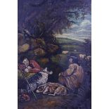 Follower of Samuel Palmer: oil on panel, shepherds resting, 12" x 8 1/2", in gilt frame
