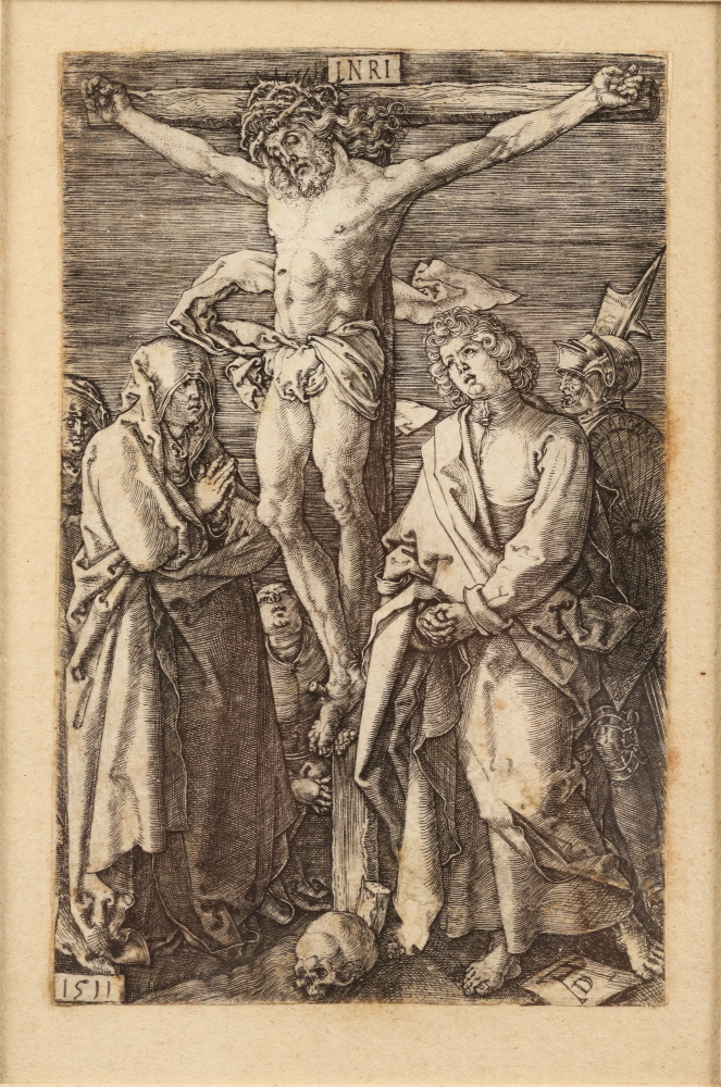 Albrecht Durer, 1511: "Crucifixion" (engraved passion), 4 1/2" x 3", in ebonised strip frame