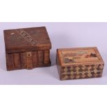 An early 20th century olive wood and "Tunbridge" banded puzzle box, 6" wide, and a Japanese