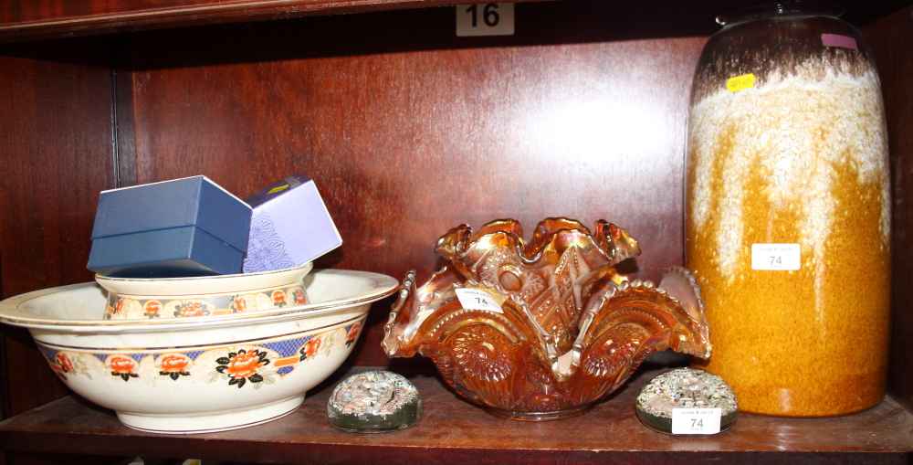 Two pieces of carnival glass, two paperweights, a Welsh bowl and jug, a German vase and other items
