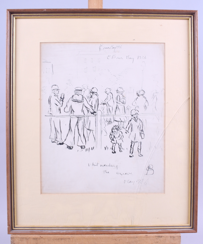 C Bruce, May 1926: an ink sketch, "Whit Monday The Grove", 11" x 9", in strip frame - Image 2 of 2