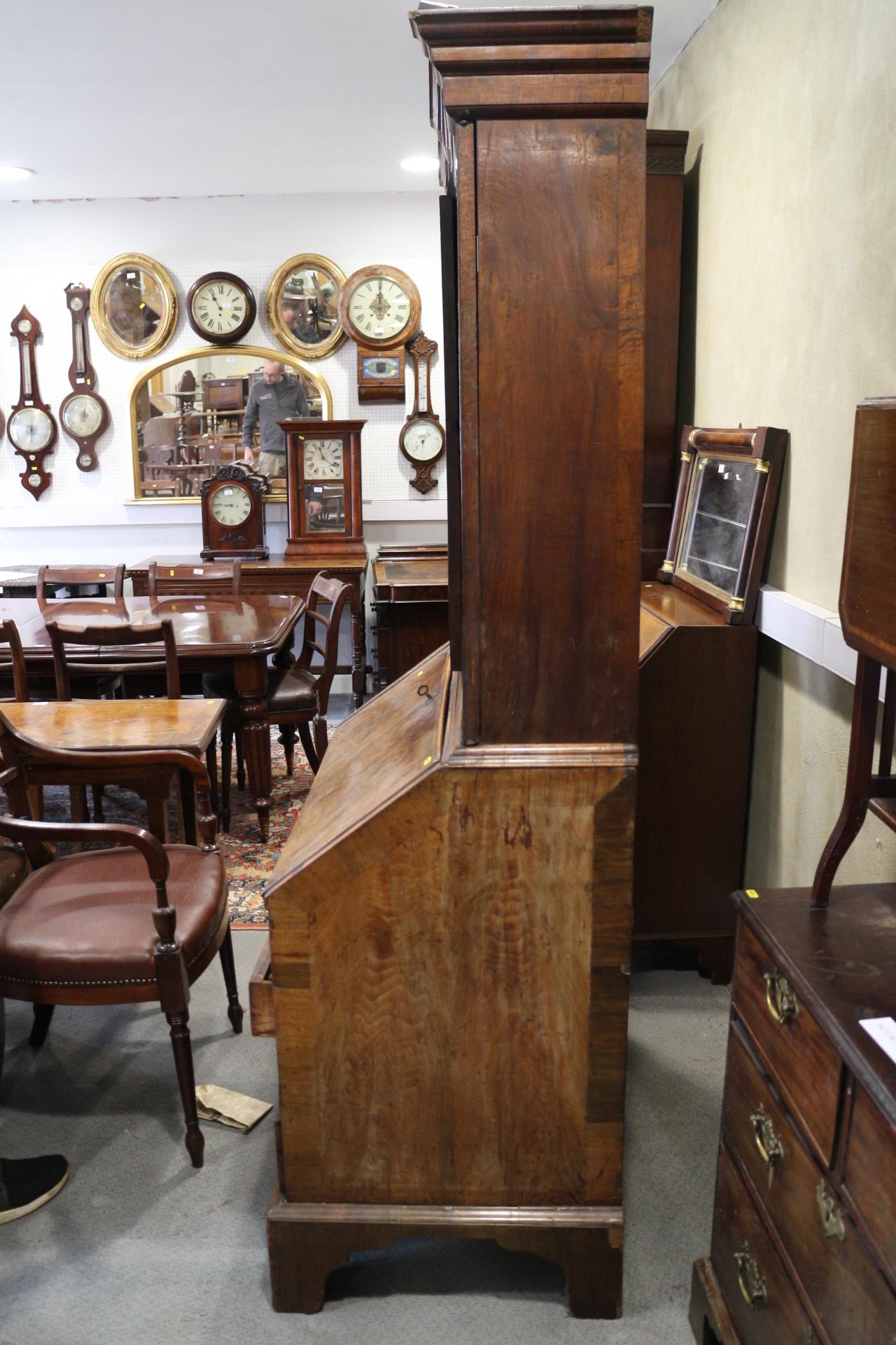 An early 18th century figured walnut double dome top bureau bookcase, the upper section with drawers - Image 8 of 12