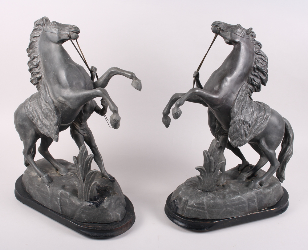A pair of Spelter Marley horses, on wooden stands, 16 1/2" high - Image 2 of 2