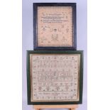An alphabetical and numerical sampler by Ann Hawkins, dated 1784, 12" x 12", in green frame, with