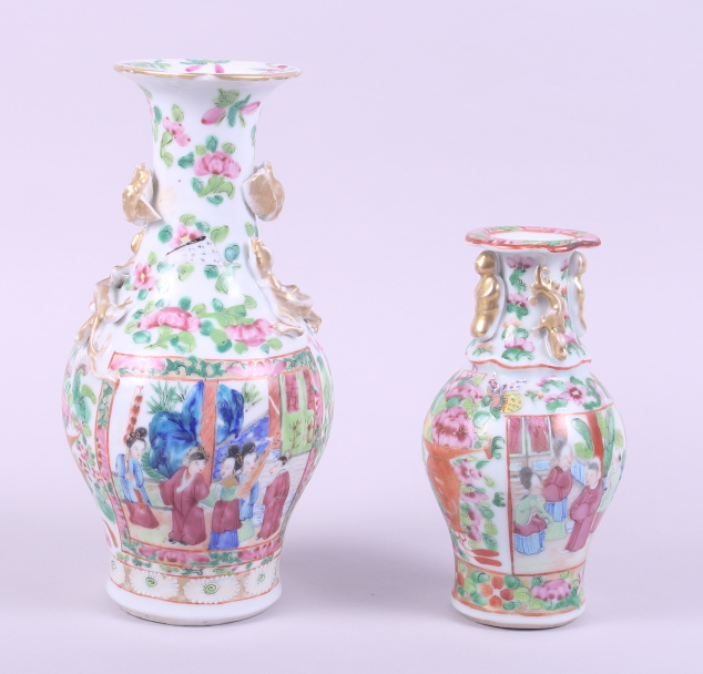 A 19th century Canton enamel baluster vase, decorated two panels of figures, 6" high, and a