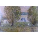 Gabrielle Bellocq: pastel, "Au Jardin du Chateau", 17 3/4" x 24", in gilt frame