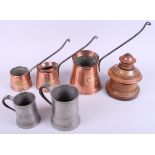 Three copper measures, two pewter tankards and a treen string box