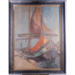 Spanish school: oil on canvas, moored boat, 28" x 21", in ebonised strip frame