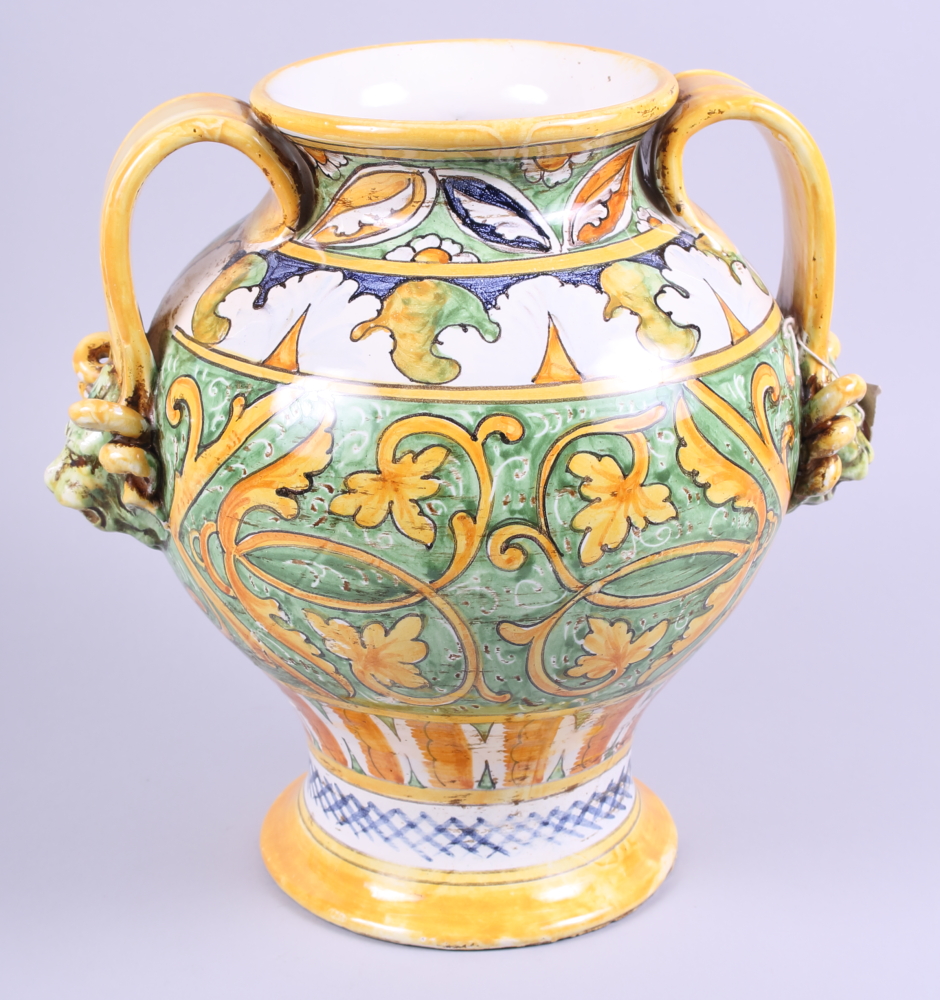 A mid 20th century Majolica two-handled wet drug jar with yellow and green glaze - Image 4 of 6