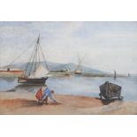 A watercolour, woman by the water's edge with boats, 7 1/2" x 11", in walnut frame, and another