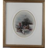 Thomas Rowden, '89: watercolours, church in a village, 9 1/4" x 11 1/4", in oval gilt frame