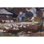 W B Gelder: oil on canvas, girl feeding ducks, 11 1/2" x 15 1/2", in wooden strip frame